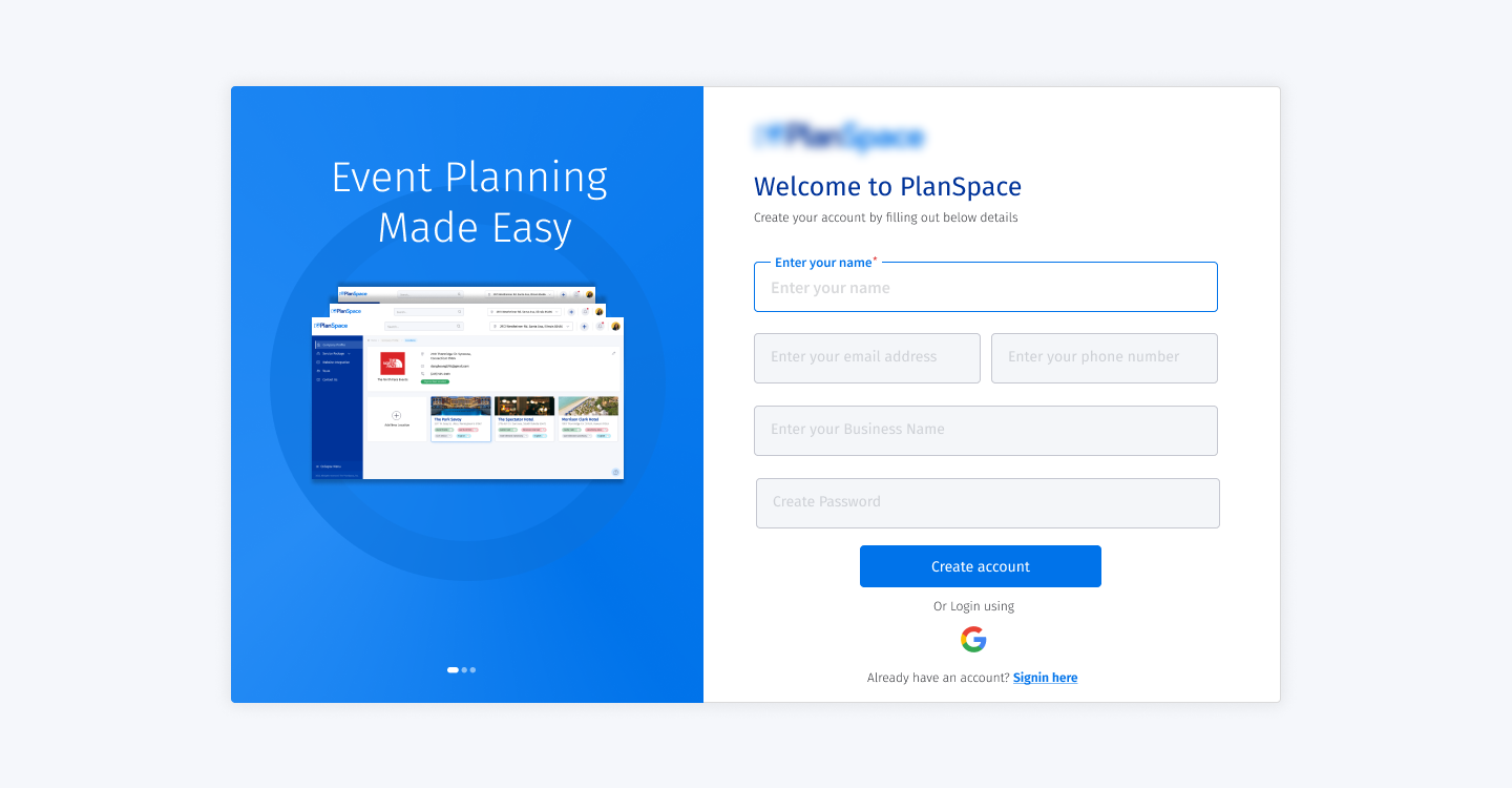 PlanSpace create account screen